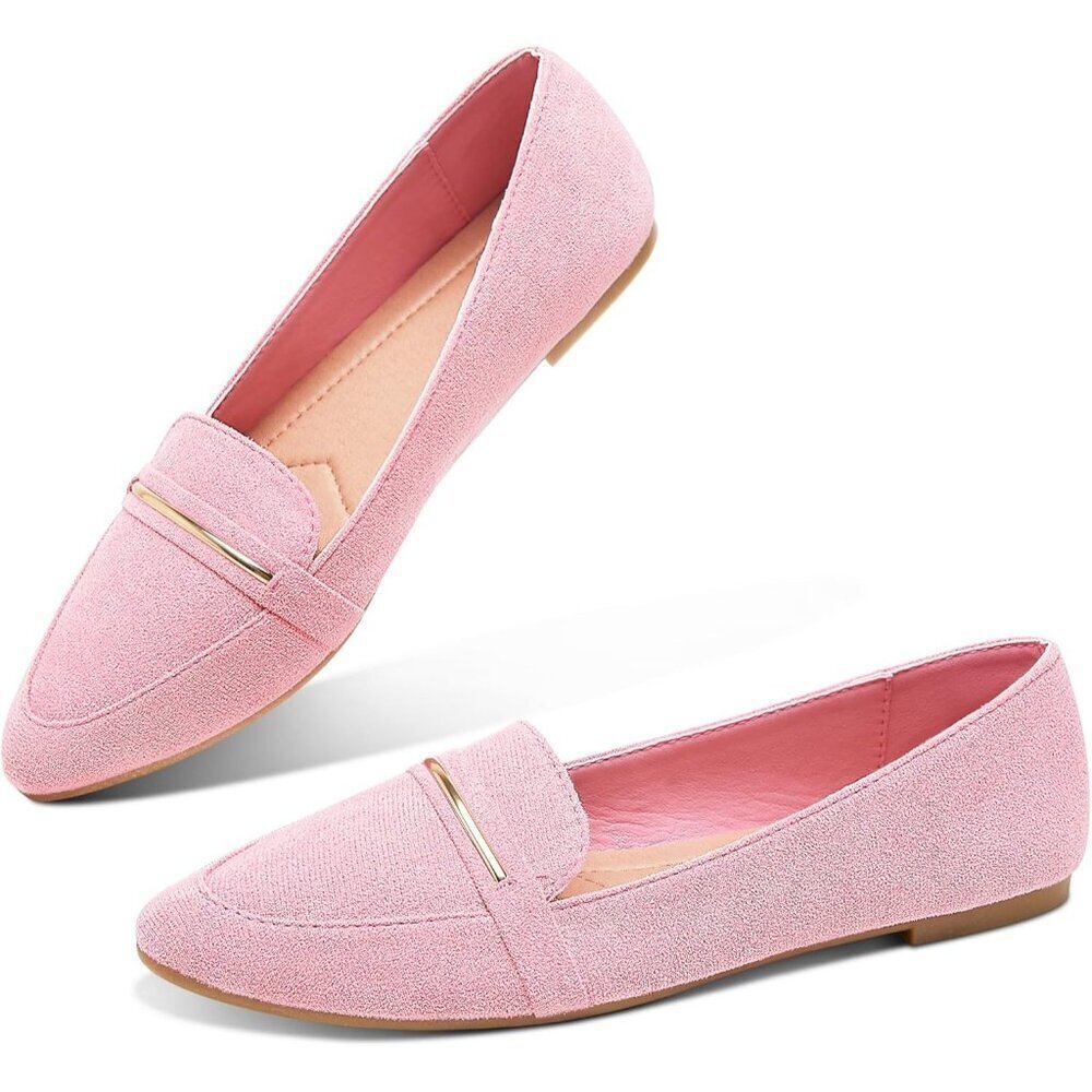 Obtaom Women's Pink Faux Leather Pointed Toe Slip On Loafer Ballet Flat